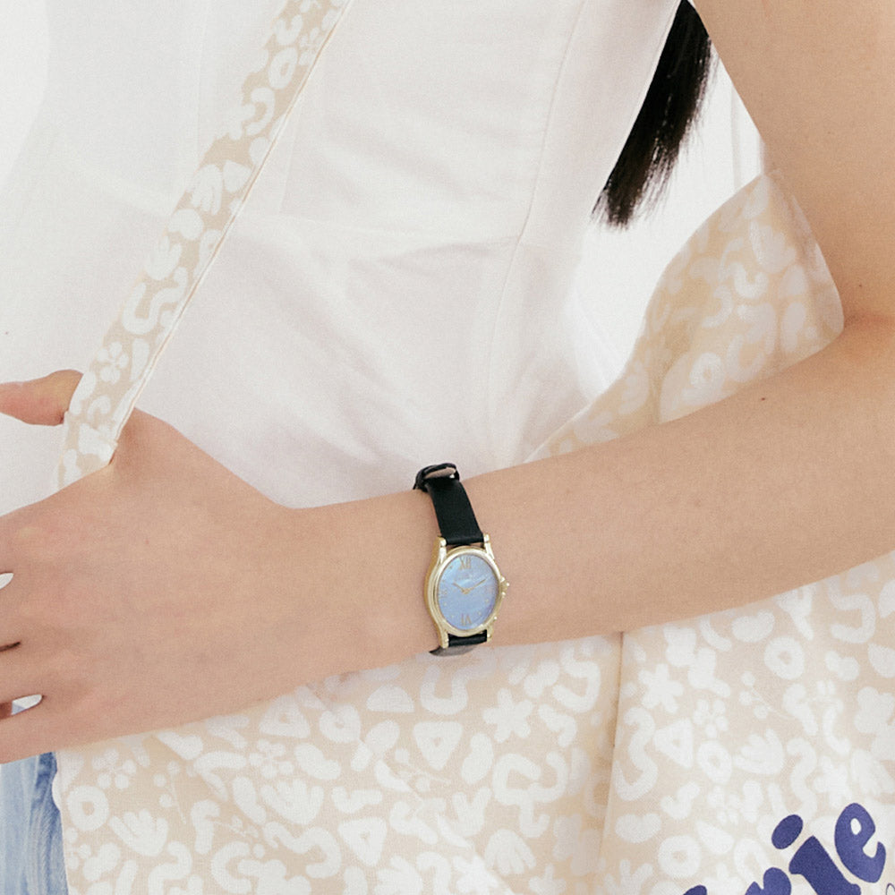 Gem-Gold/Aquamarine (Black leather)