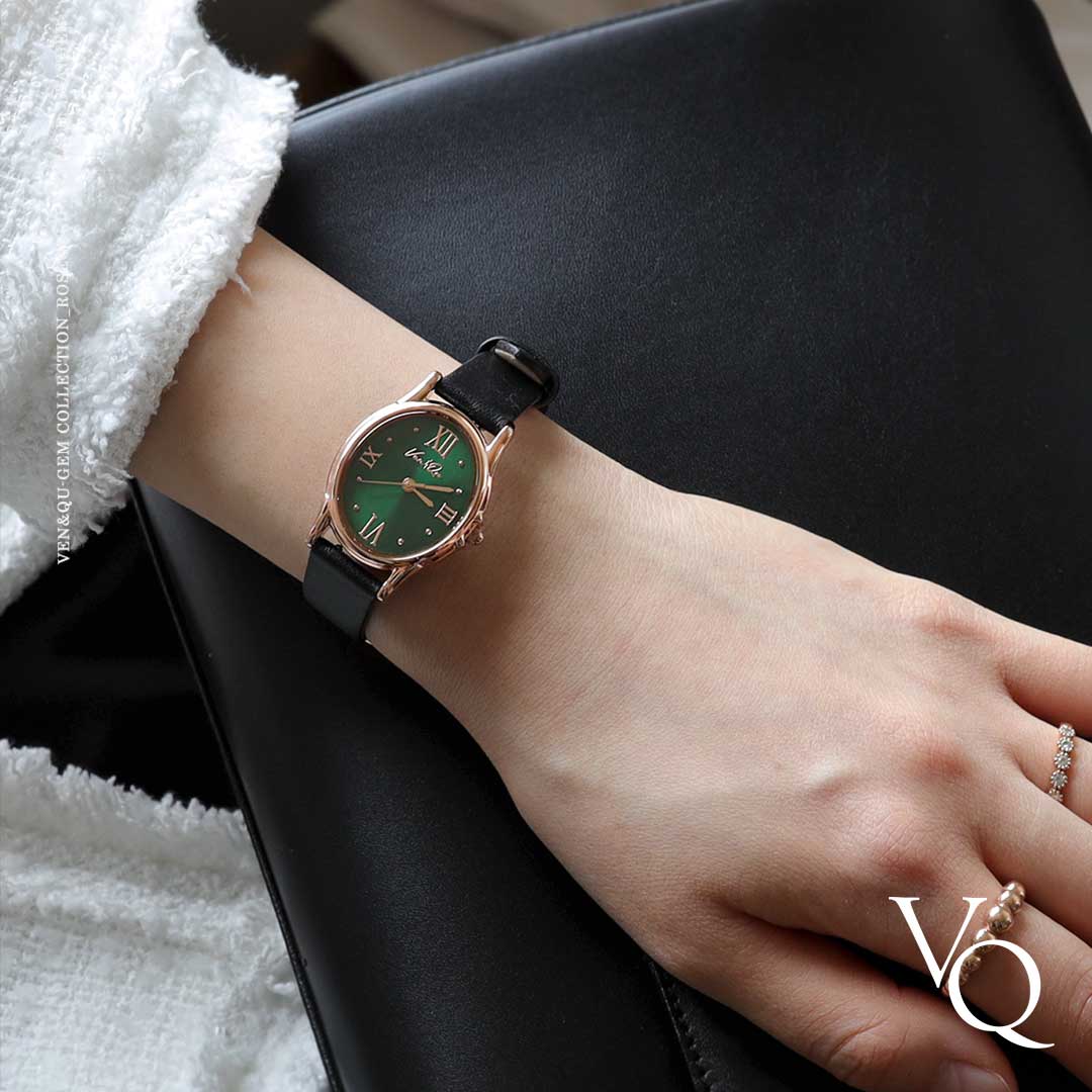 Gem-Rosegold/Emerald (Black leather)