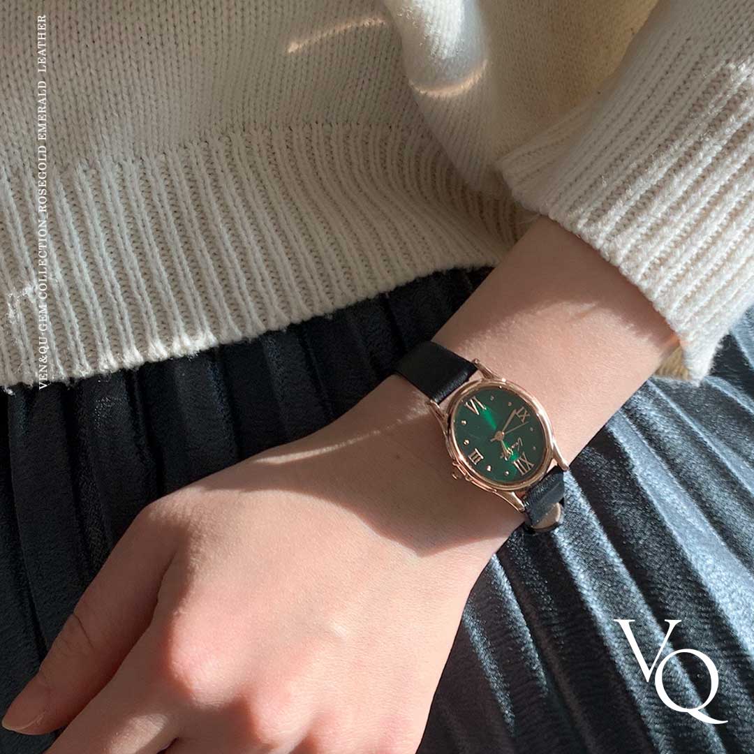 Gem-Rosegold/Emerald (Black leather)