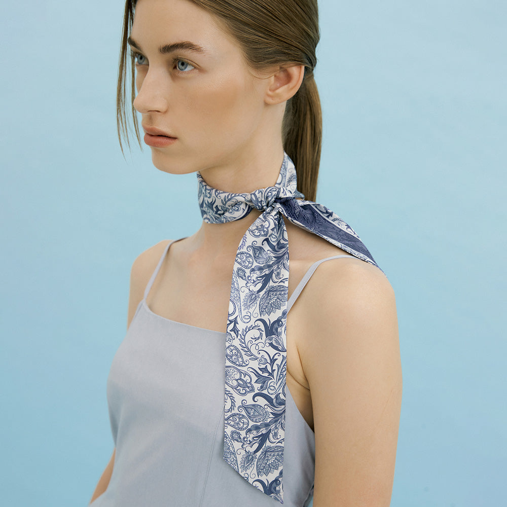 Paisley Garden-Misty Navy Long Silk Scarf