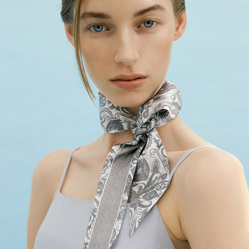 Paisley Garden-Slate Grey Long Silk Scarf