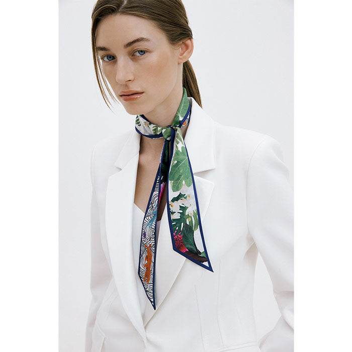 Wild Garden-Navy Long Silk Scarf