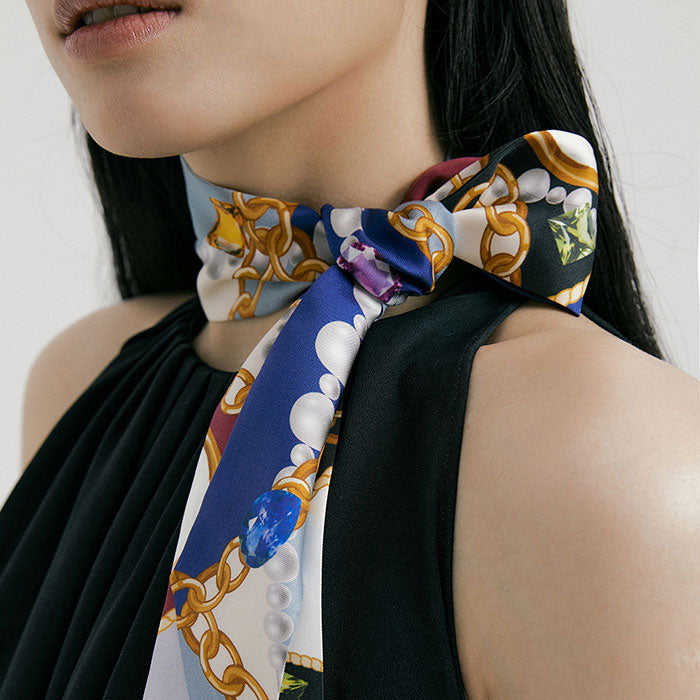 Jewel-Wine/Navy Long Silk Scarf