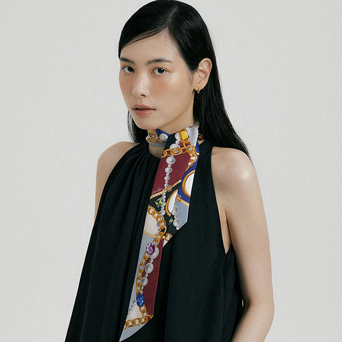 Jewel-Wine/Navy Long Silk Scarf