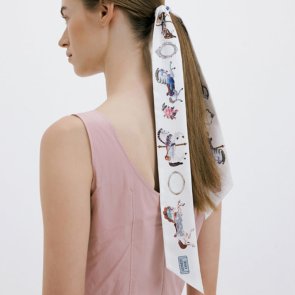 Merry-go-round-Cream Long Silk Scarf