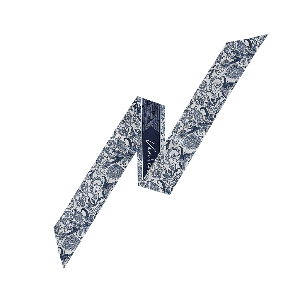 Paisley Garden-Misty Navy Long Silk Scarf
