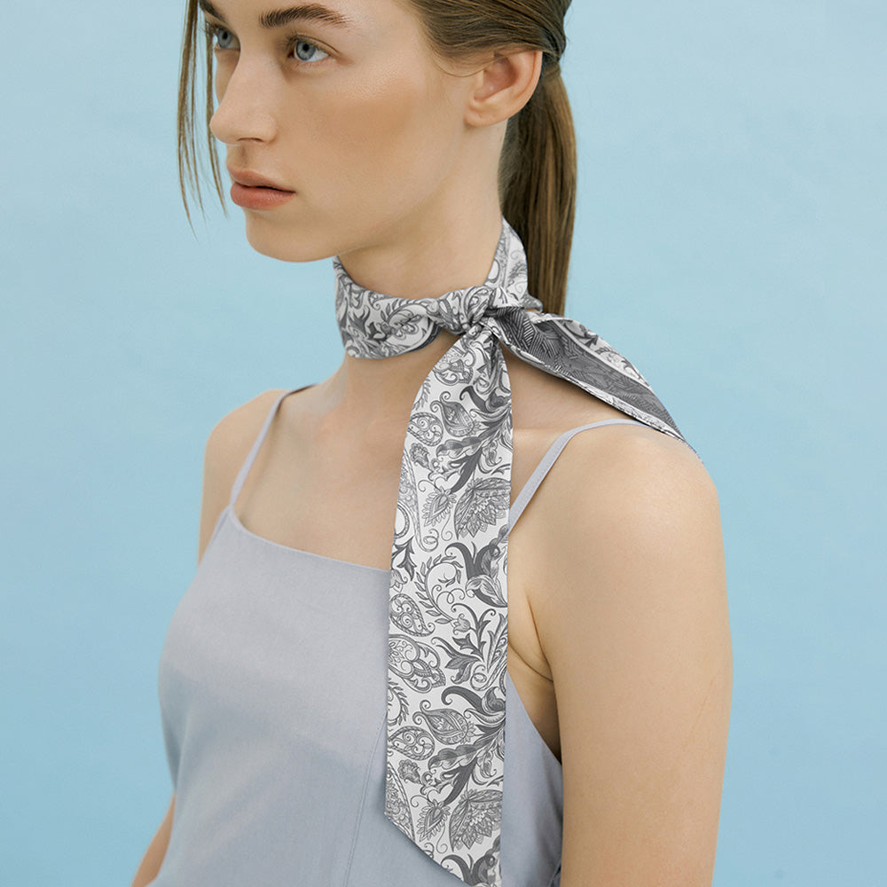 Paisley Garden-Slate Grey Long Silk Scarf