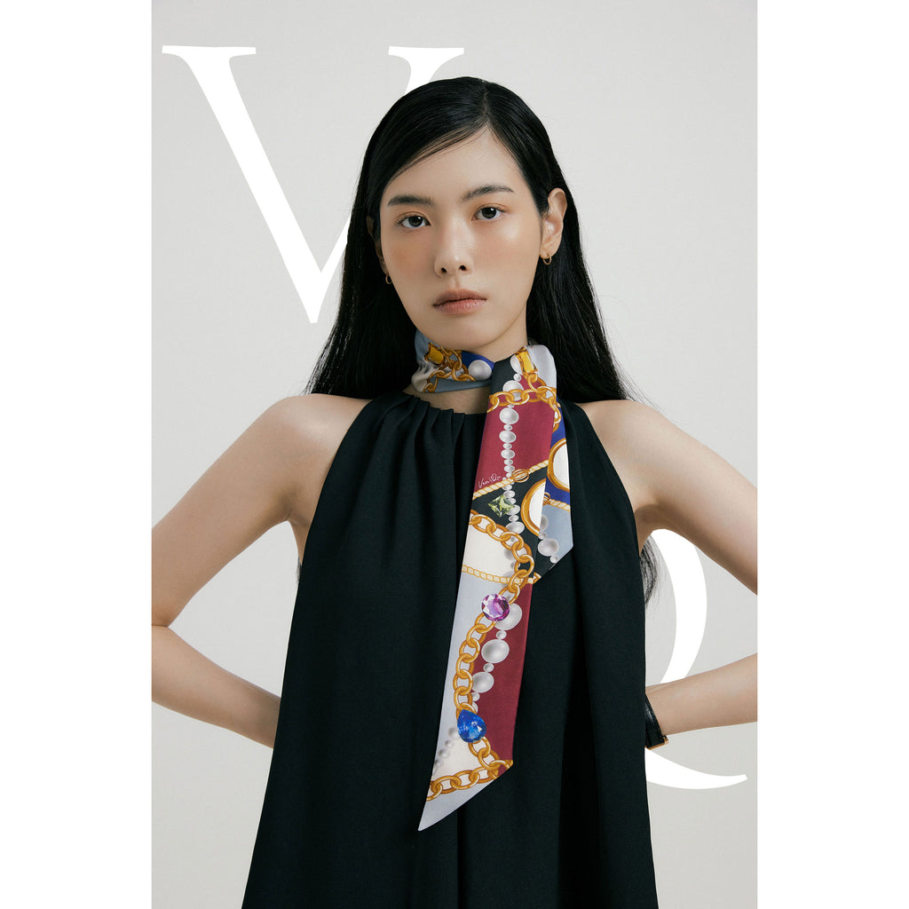 Jewel-Wine/Navy Long Silk Scarf