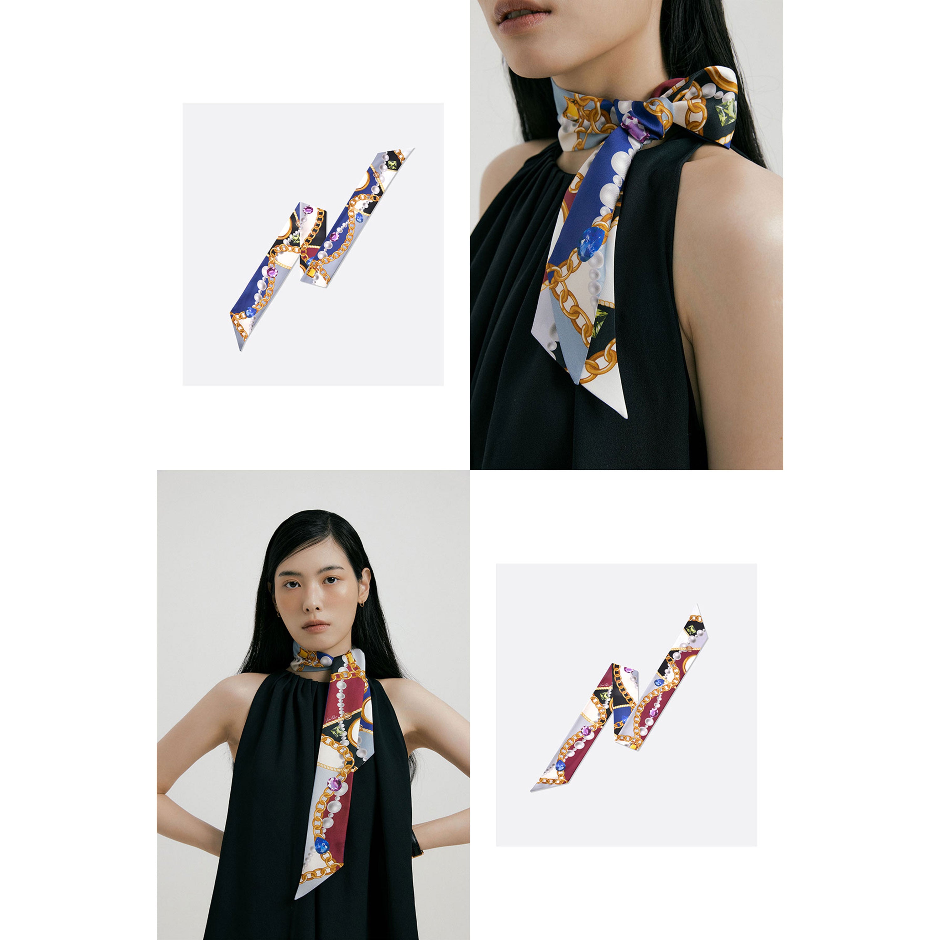 Jewel-Wine/Navy Long Silk Scarf