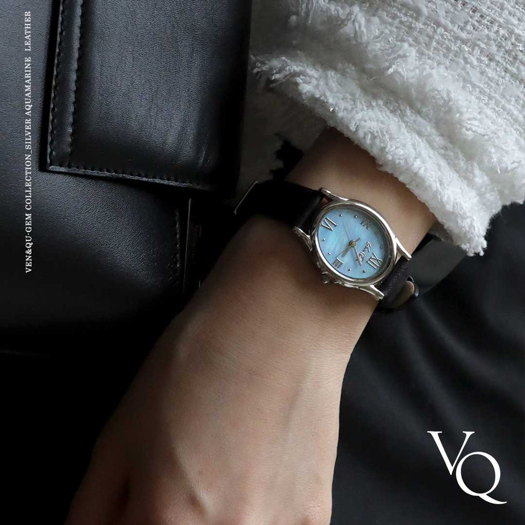 Gem-Silver/Aquamarine (หนังสีดำ)